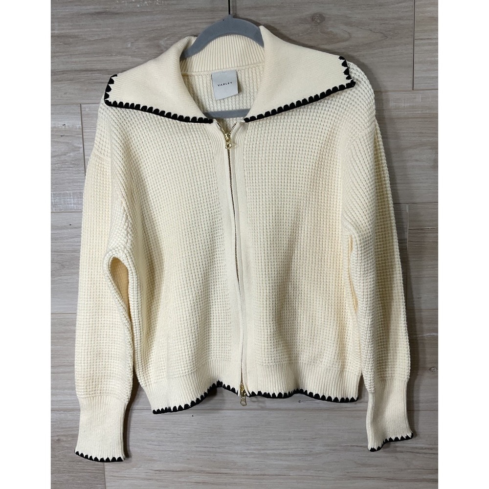 Varley Sibley Soft Knit Jacket M Full Zip Egret Waffle Knit Scallop Trim